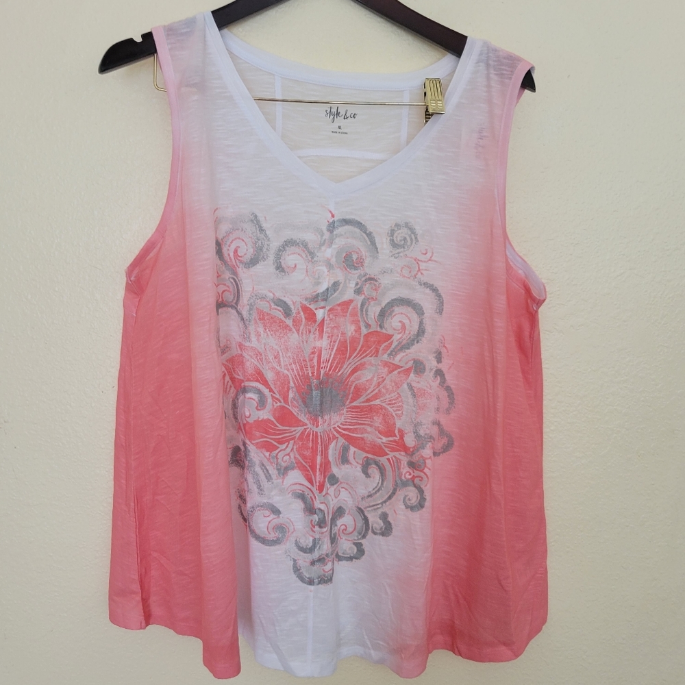 Style & Co. Cotton Graphic Tee Tank Top white coral size XL. NEW